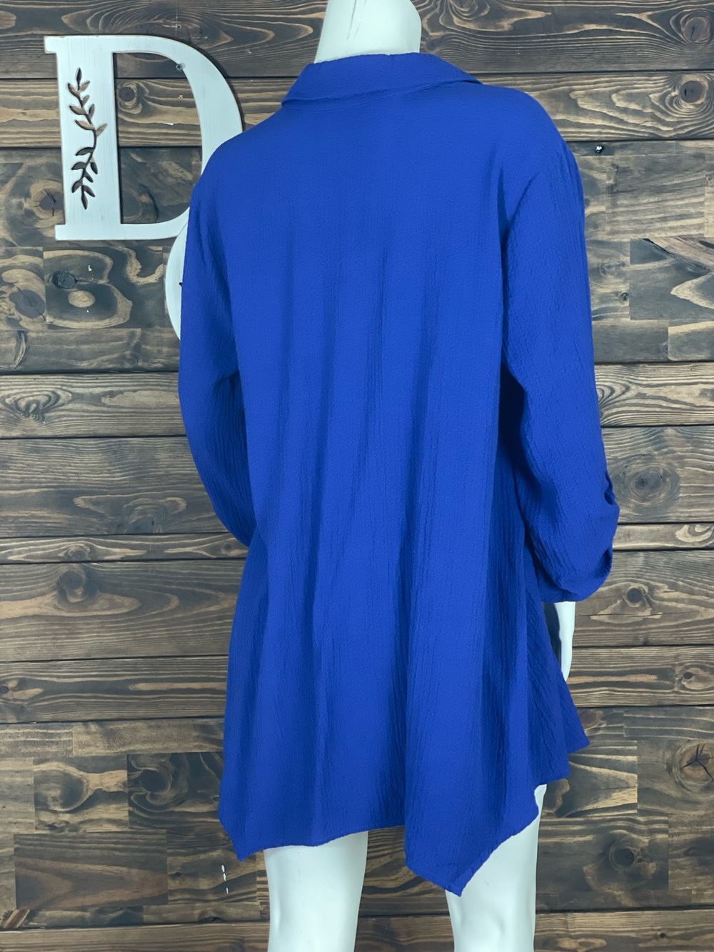 Soft Surroundings | Cobalt Blue Button-Front Collard Tunic Top Hanky Hem Silver - Picture 3 of 6